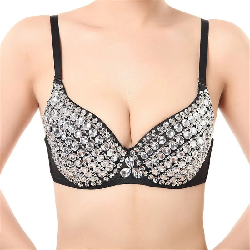 Our High Quality Sexy Bras Women Push Up Luxury Rhinestone Sequined Bra Lady Silver/Gold Punk Studded Sponge Dance Bras For Party