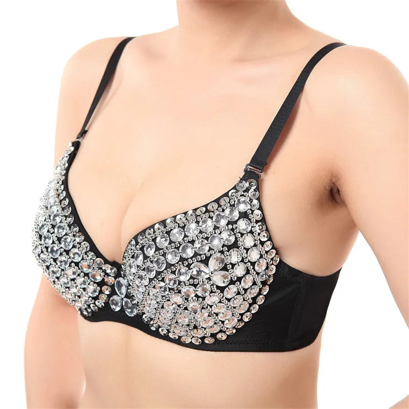 Our High Quality Sexy Bras Women Push Up Luxury Rhinestone Sequined Bra Lady Silver/Gold Punk Studded Sponge Dance Bras For Party