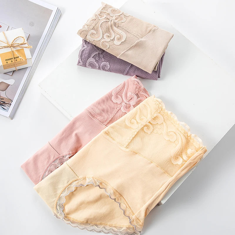 Our 4Pcs High Waist Sexy Lace Women Panties Cotton Body Slimming Ladies Underwear Seamless Girls Briefs Breathable Female Lingerie