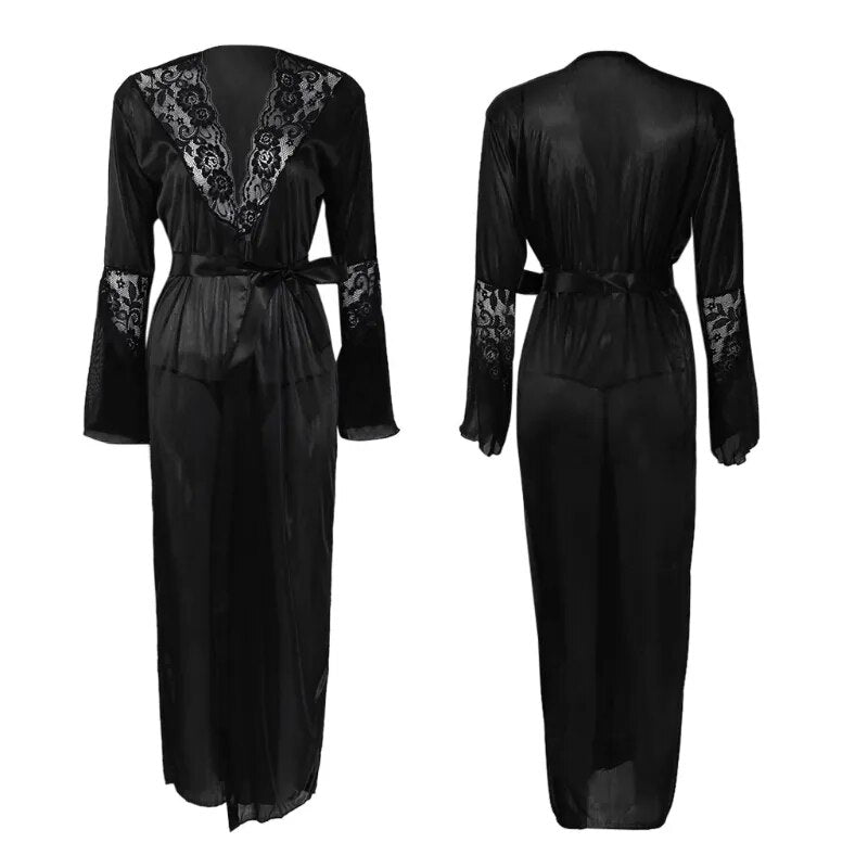 Victoria soft silk Sleepwear Womens Sexy Long Kimono Dress Lace Bath Robe Lingerie Ice Silk Nightdress Solid Gown Nightwear Nightgown