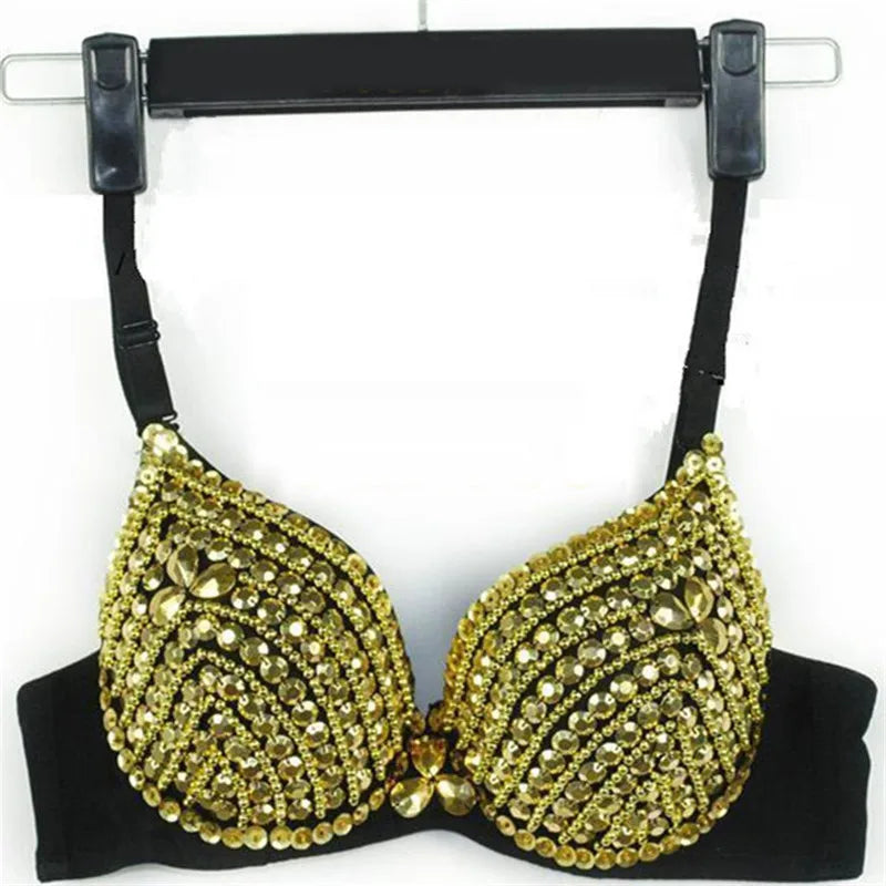 Our High Quality Sexy Bras Women Push Up Luxury Rhinestone Sequined Bra Lady Silver/Gold Punk Studded Sponge Dance Bras For Party