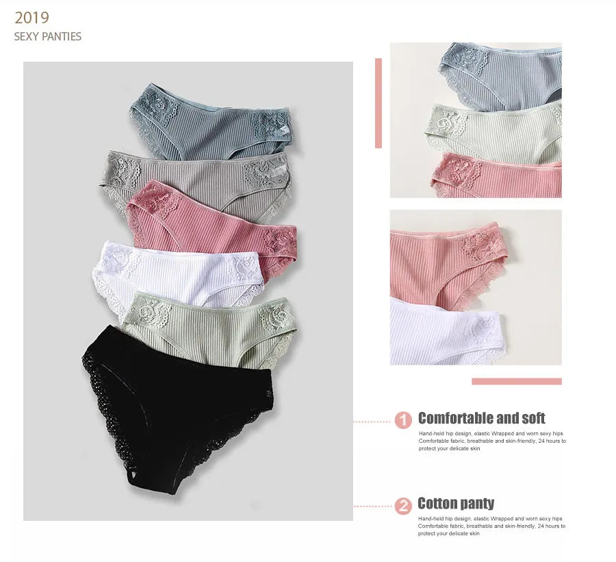 Our finetoo 3Pcs/set Women Cotton Panties M-2XL Low-Rise Underwear Trendy Patchwork Lace Briefs Female Soft Underpants Lingerie