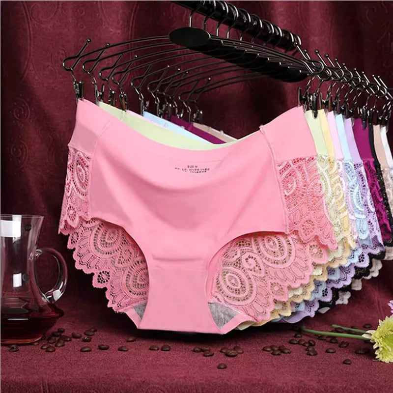 Our Ice Silk Women's Panties Sexy Underwear Floral Crochet Lace Seamless Panties Breathable Ladies Cotton Crotch Elastic Briefs