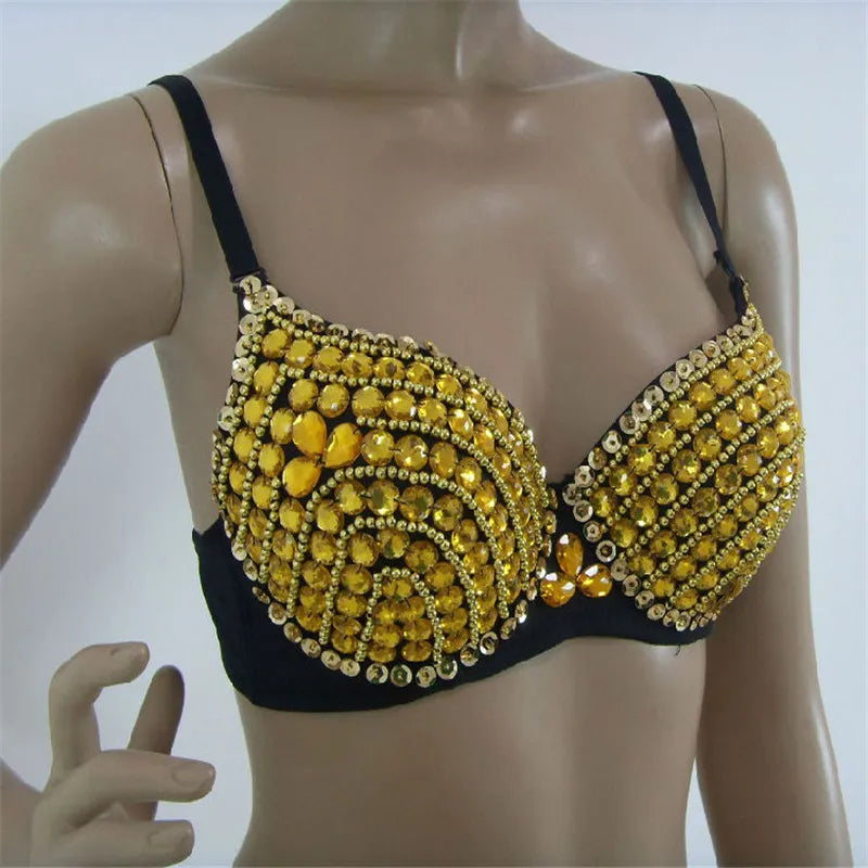 Our High Quality Sexy Bras Women Push Up Luxury Rhinestone Sequined Bra Lady Silver/Gold Punk Studded Sponge Dance Bras For Party