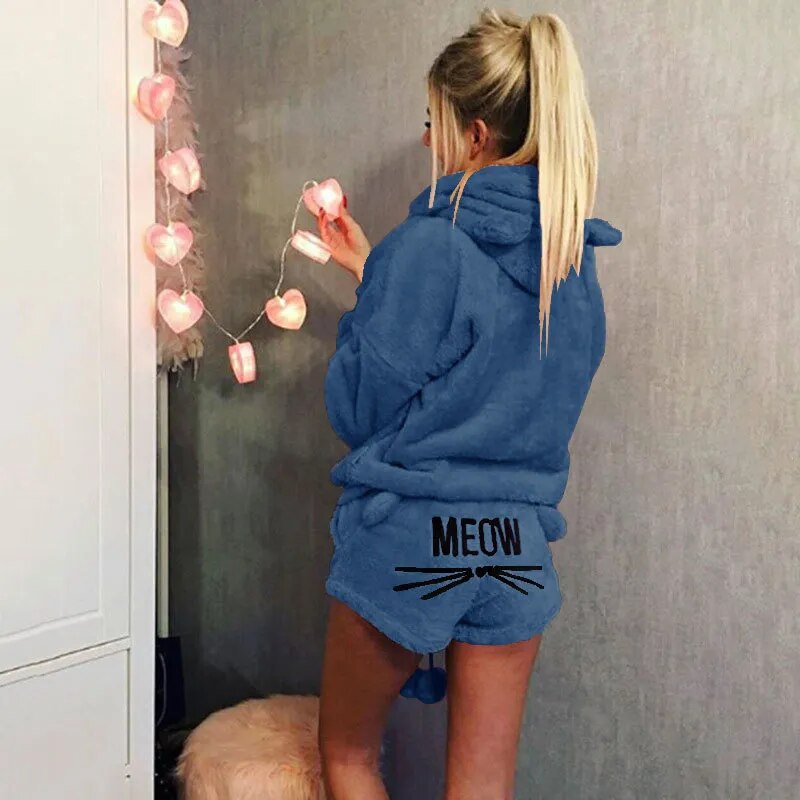 Meow Women Pajamas Suit Fur Long Sleeve Sleepwear Flannel Warm Velvet Cute Tops And Shorts Sleep Home wear