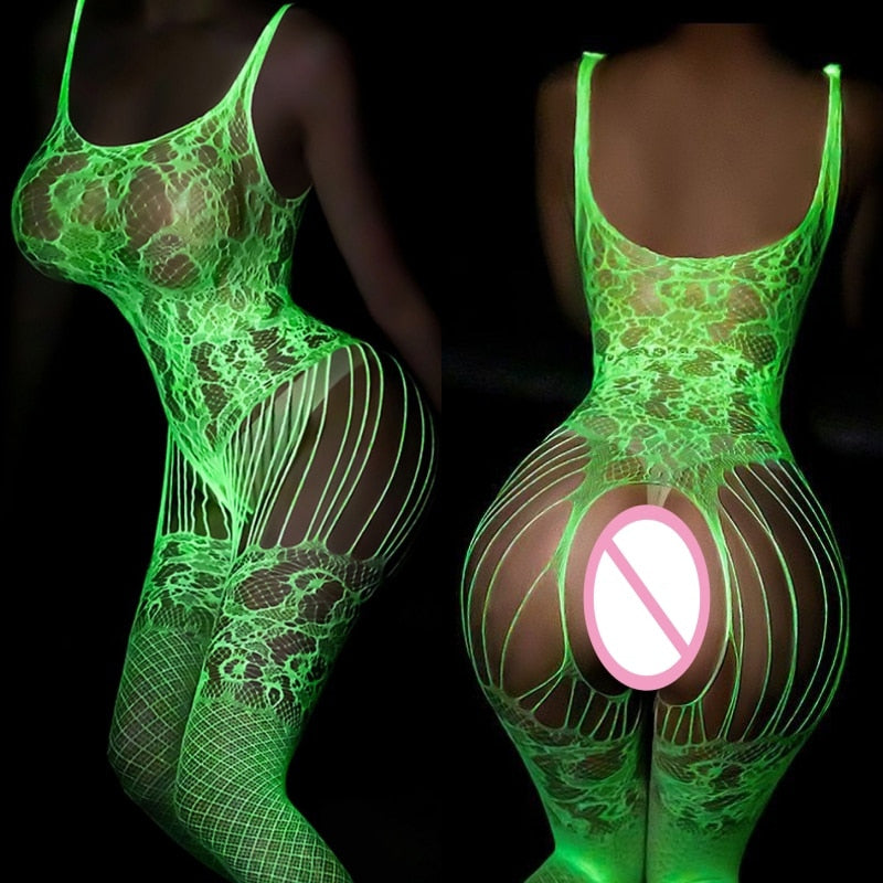 woman Glow In The Dark Open Crotch bottomless Mesh Tights teddies and bodysuits Sexy Lingerie hot night dresses Luminous Stockings