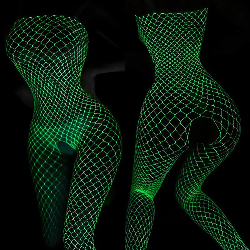 woman Glow In The Dark Open Crotch bottomless Mesh Tights teddies and bodysuits Sexy Lingerie hot night dresses Luminous Stockings