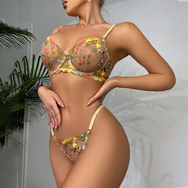 Nancy 2-Piece Lace Bra Set Women Floral Embroidery Underwear Set Transparent Panty Set