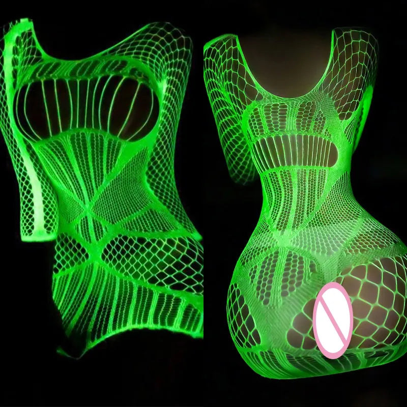 woman Glow In The Dark Open Crotch bottomless Mesh Tights teddies and bodysuits Sexy Lingerie hot night dresses Luminous Stockings