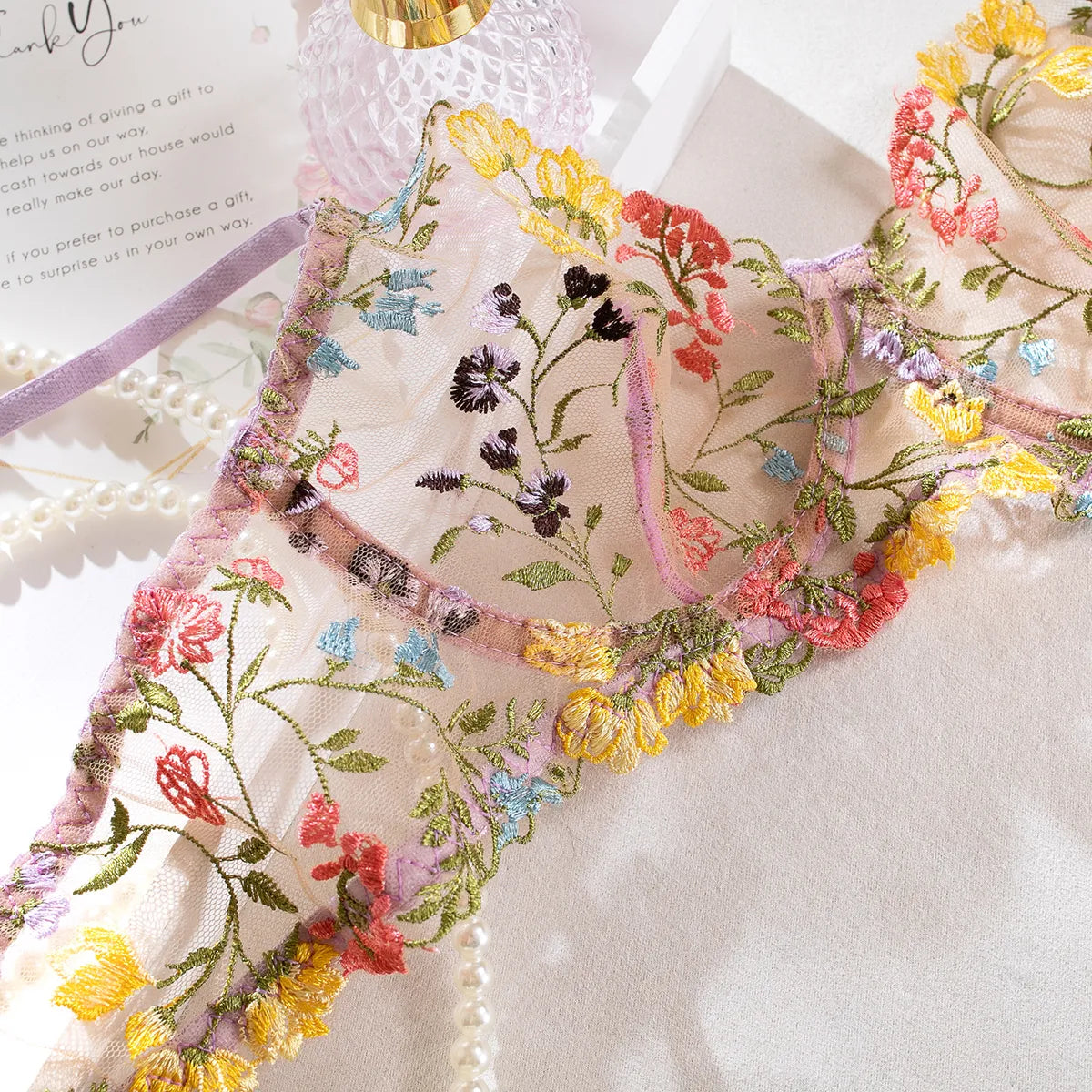 Nancy 2-Piece Lace Bra Set Women Floral Embroidery Underwear Set Transparent Panty Set