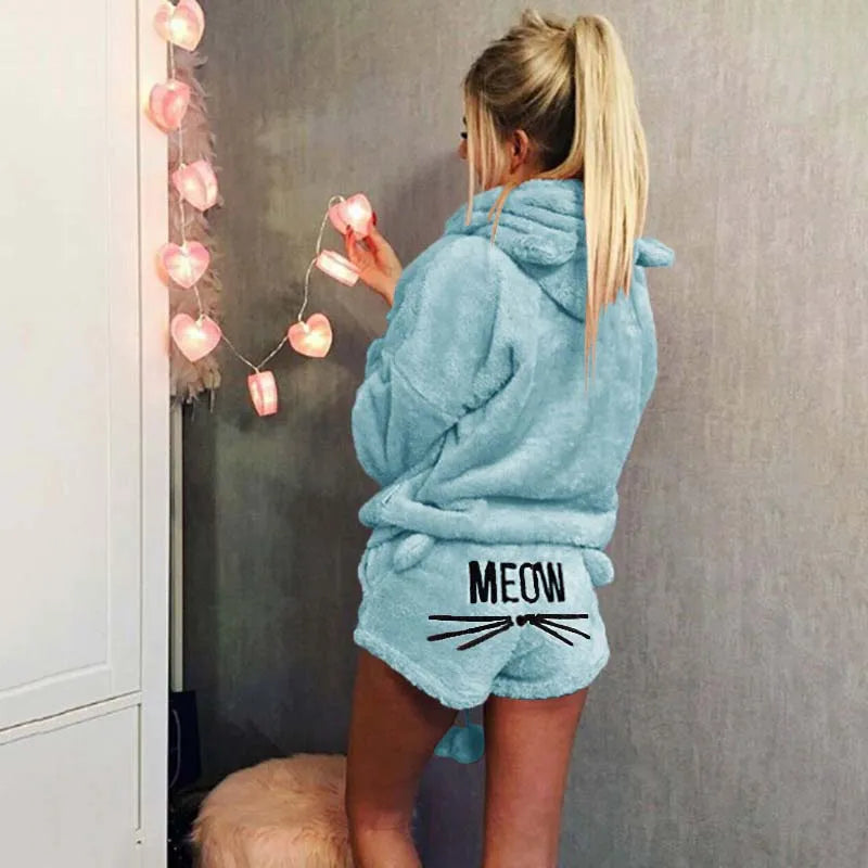 Meow Women Pajamas Suit Fur Long Sleeve Sleepwear Flannel Warm Velvet Cute Tops And Shorts Sleep Home wear