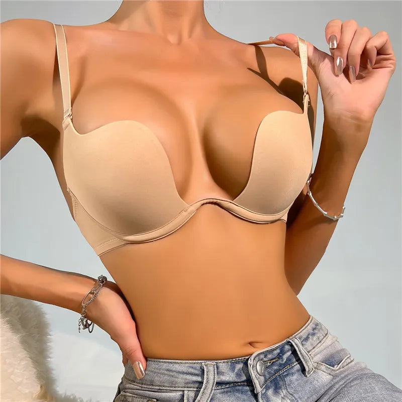Our Sexy Push Up Bra for Women Backless Bras Low Cut Plunge Brassiere Open Back Wedding Underwear Invisible Seamless Deep U Lingerie