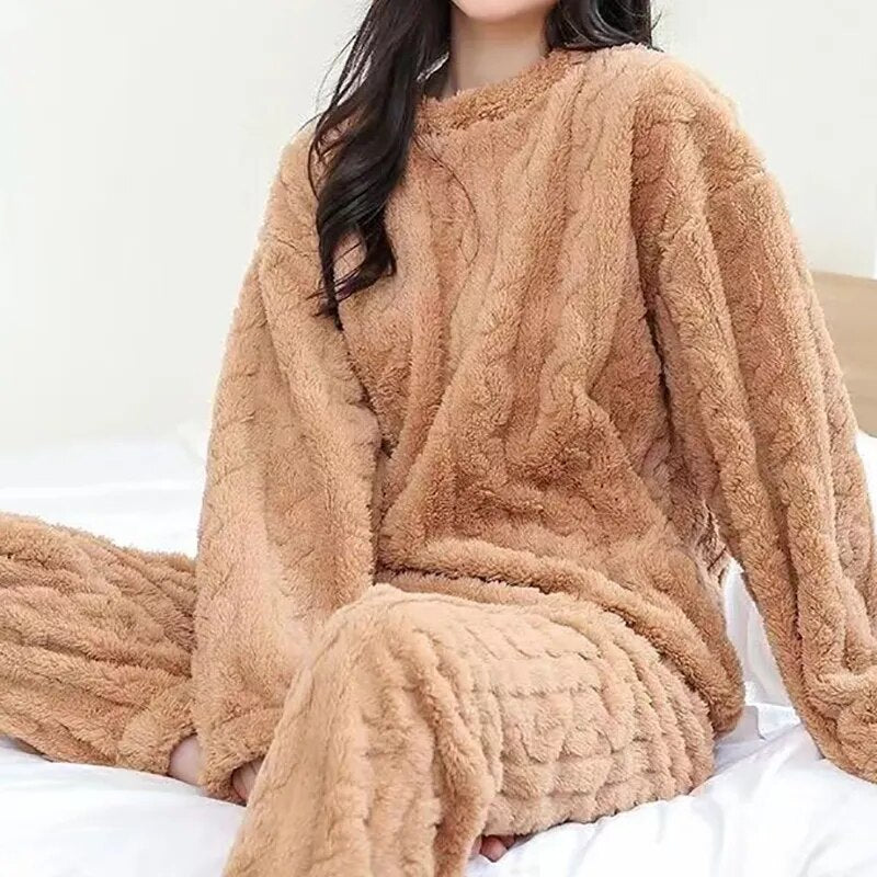 Fluffy Bear cold weather Women Solid Warm 2 Piece Sets Thicken Velvet Ribbed Fleece Set Pullover And Pants Women Casual Pajama Sets