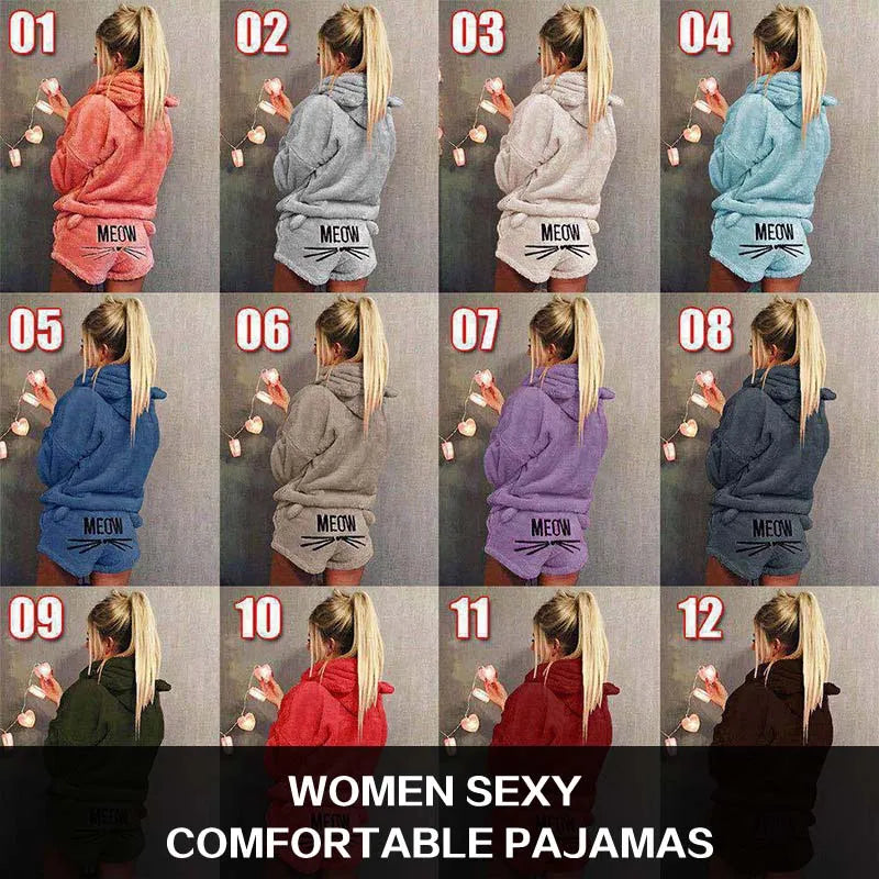 Meow Women Pajamas Suit Fur Long Sleeve Sleepwear Flannel Warm Velvet Cute Tops And Shorts Sleep Home wear