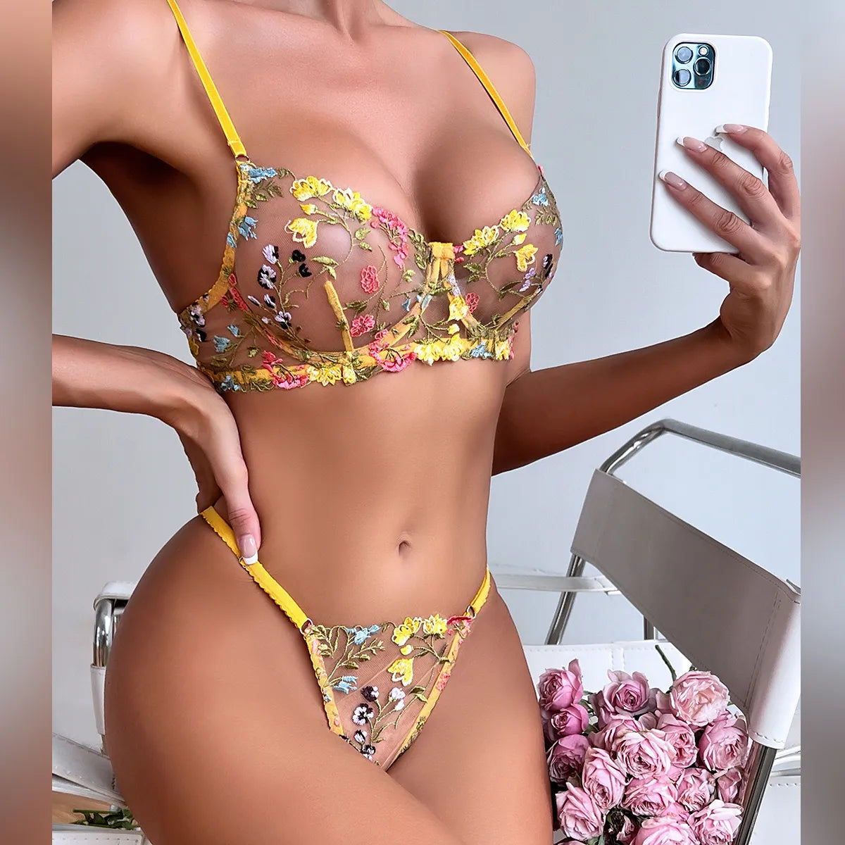 Nancy 2-Piece Lace Bra Set Women Floral Embroidery Underwear Set Transparent Panty Set