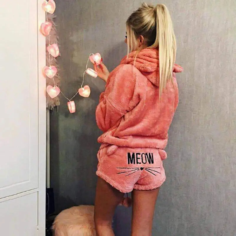 Meow Women Pajamas Suit Fur Long Sleeve Sleepwear Flannel Warm Velvet Cute Tops And Shorts Sleep Home wear