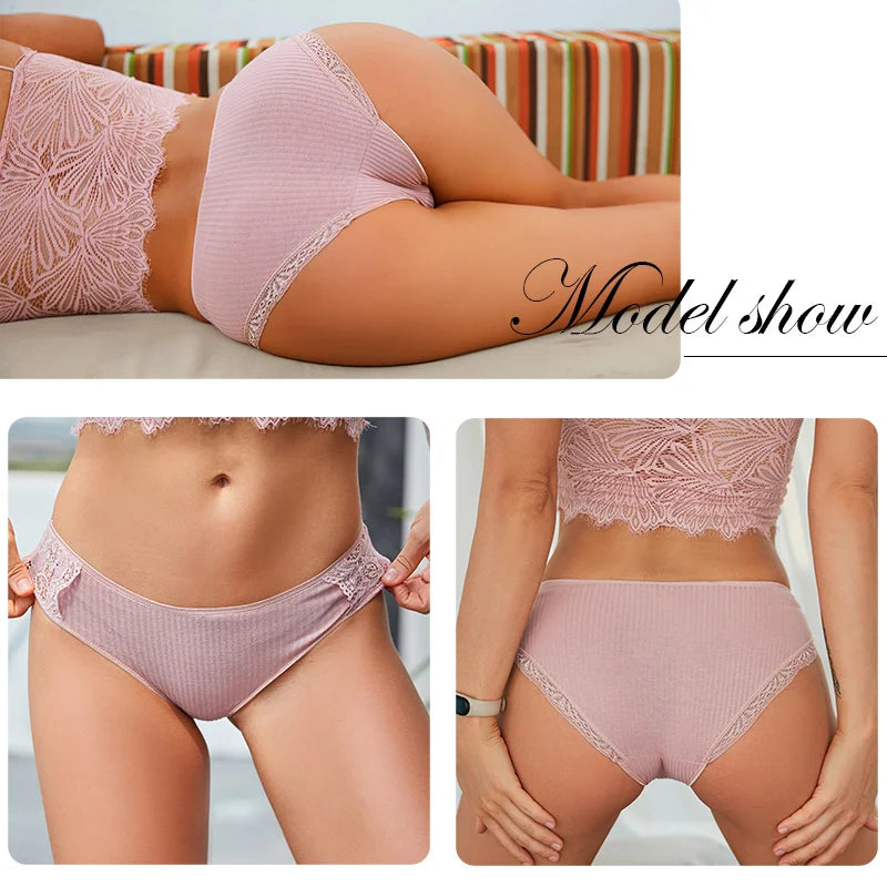 Our finetoo 3Pcs/set Women Cotton Panties M-2XL Low-Rise Underwear Trendy Patchwork Lace Briefs Female Soft Underpants Lingerie