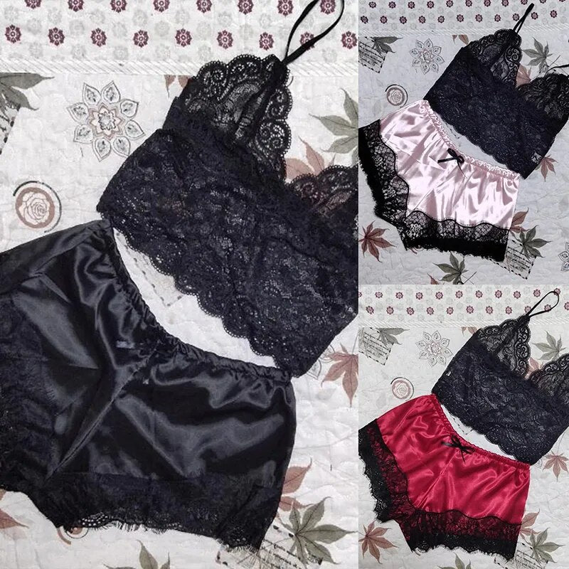 Our Cag Women's Sleepwear Sexy Women Pajama Set White Lace V-Neck Sleeveless Top And Shorts Fashion Lace Patchwork Pajama