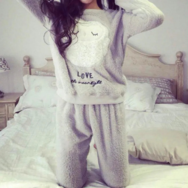 Women's cold weather pajama Warm Flannel Women Sets Thick Coral Velvet Long Sleeve Cartoon Sleepwear Thin Flannel Pajamas Set