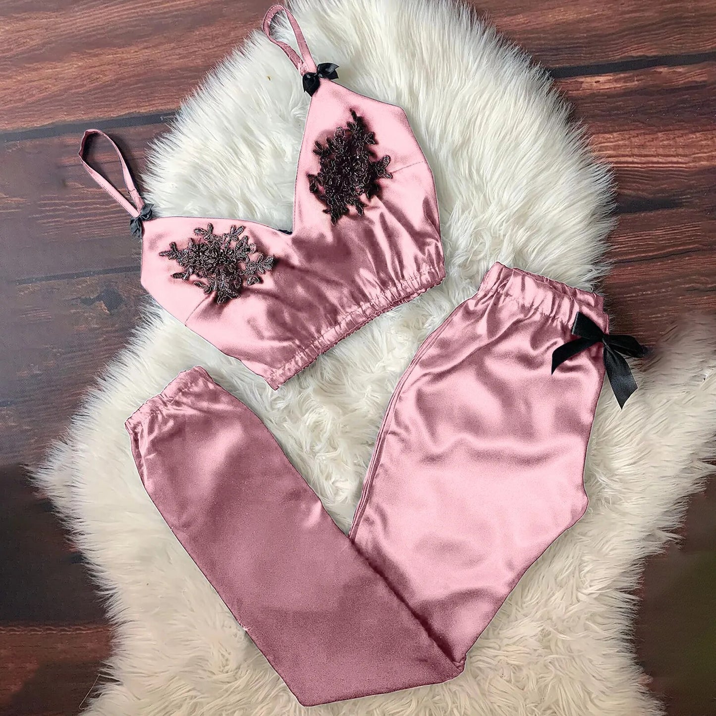 Mady Women's V-neck Pants Suit Women V-neck Sexy Satin Camisole Pajamas Bowknot Pants Set
