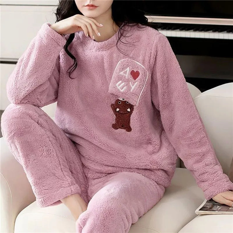 Women's cold weather pajama Warm Flannel Women Sets Thick Coral Velvet Long Sleeve Cartoon Sleepwear Thin Flannel Pajamas Set