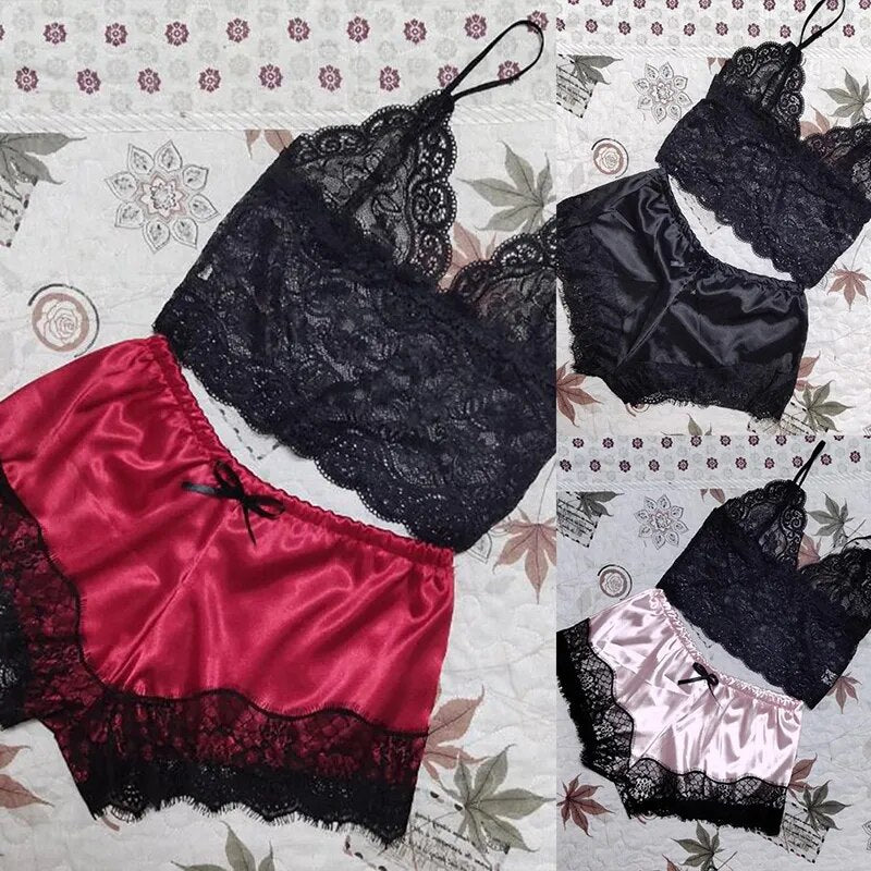 Our Cag Women's Sleepwear Sexy Women Pajama Set White Lace V-Neck Sleeveless Top And Shorts Fashion Lace Patchwork Pajama