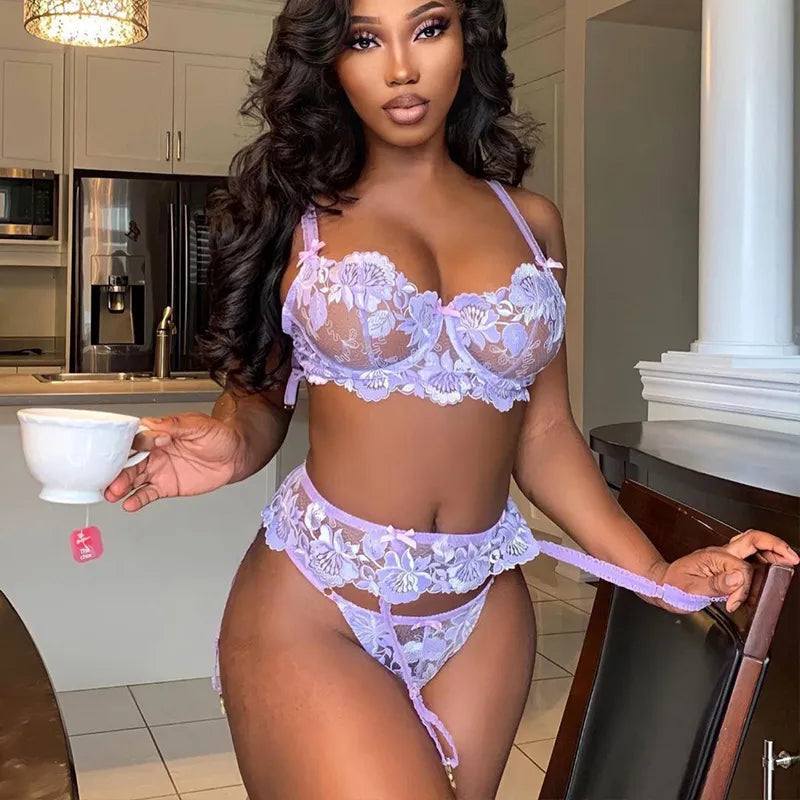 Dalila Exquisite Sexy Floral Lingerie night time Set 3 pieces Transparent Bra Set Push-up Thong with Belt Sexy Lingerie