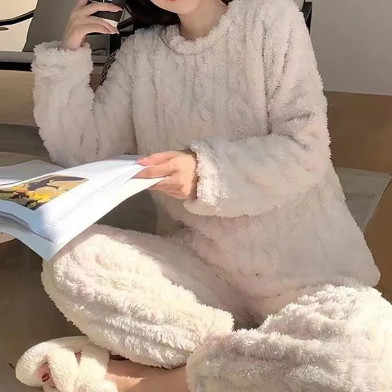 Fluffy Bear cold weather Women Solid Warm 2 Piece Sets Thicken Velvet Ribbed Fleece Set Pullover And Pants Women Casual Pajama Sets