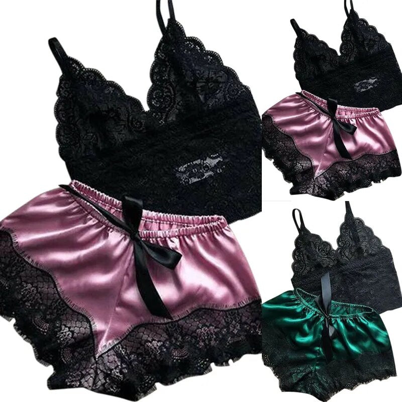 Our Cag Women's Sleepwear Sexy Women Pajama Set White Lace V-Neck Sleeveless Top And Shorts Fashion Lace Patchwork Pajama