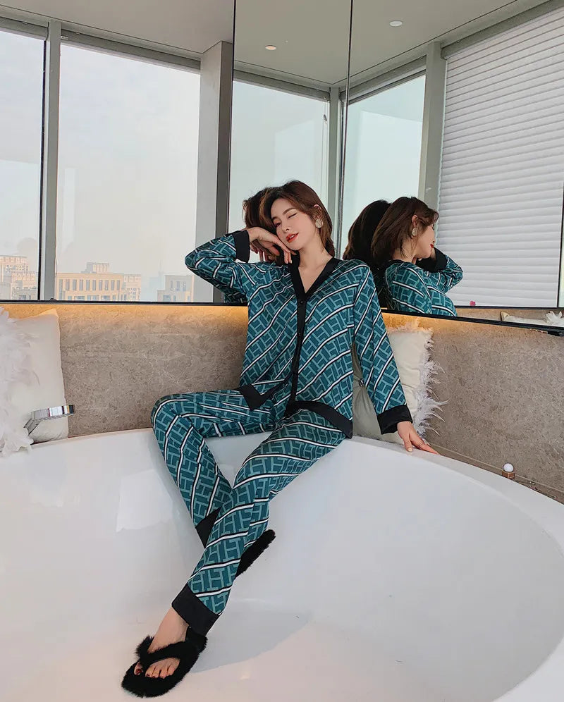 Madelaine Women's Pajamas Set V Neck Design Luxury Cross Letter Print Sleepwear Silk