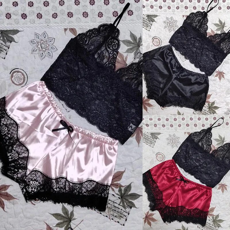 Our Cag Women's Sleepwear Sexy Women Pajama Set White Lace V-Neck Sleeveless Top And Shorts Fashion Lace Patchwork Pajama