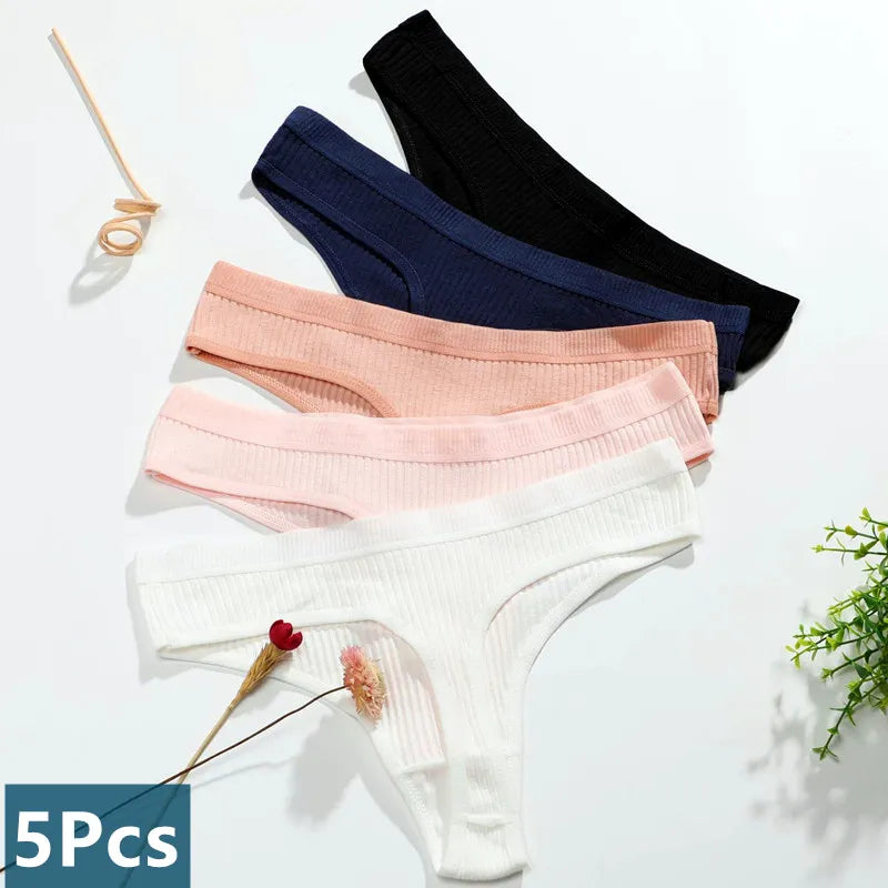 Pretty 5 Pcs Panties G-string Women Sexy Sports Seamless Underwear Underpants Thong Solid Color Lingerie Low-Rise G-String Pack