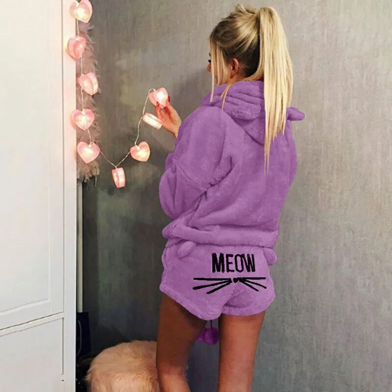 Meow Women Pajamas Suit Fur Long Sleeve Sleepwear Flannel Warm Velvet Cute Tops And Shorts Sleep Home wear