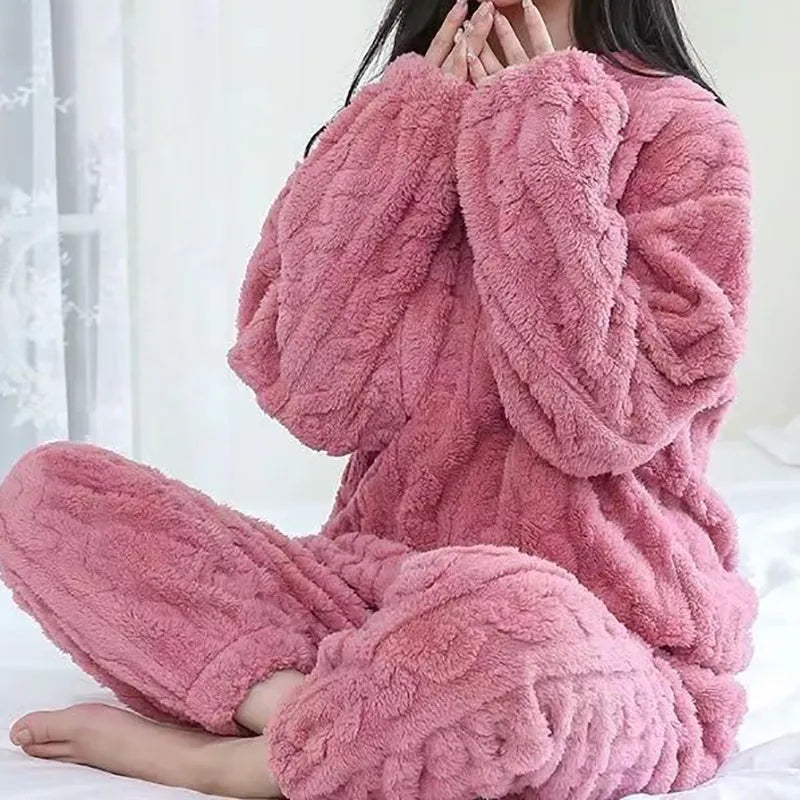 Fluffy Bear cold weather Women Solid Warm 2 Piece Sets Thicken Velvet Ribbed Fleece Set Pullover And Pants Women Casual Pajama Sets