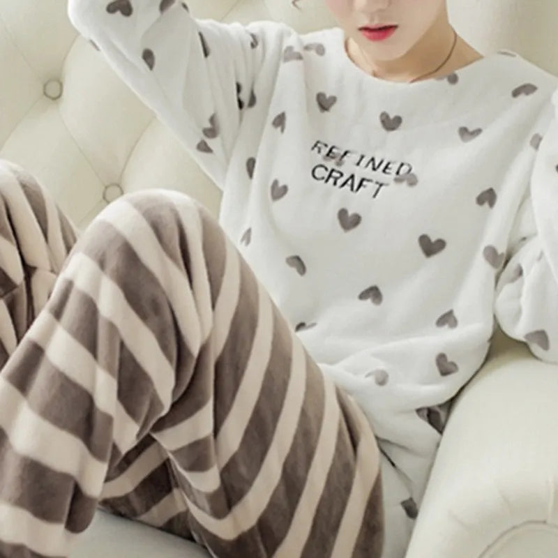 Women's cold weather pajama Warm Flannel Women Sets Thick Coral Velvet Long Sleeve Cartoon Sleepwear Thin Flannel Pajamas Set