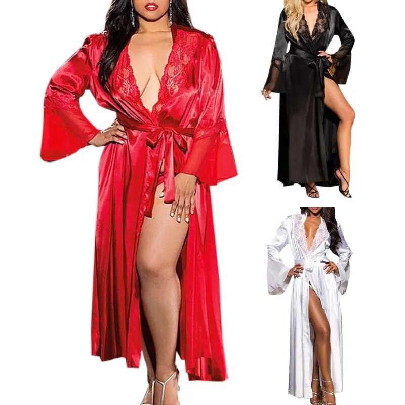 Victoria soft silk Sleepwear Womens Sexy Long Kimono Dress Lace Bath Robe Lingerie Ice Silk Nightdress Solid Gown Nightwear Nightgown