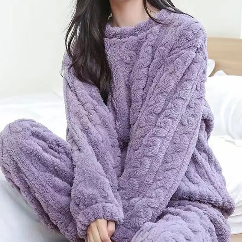 Fluffy Bear cold weather Women Solid Warm 2 Piece Sets Thicken Velvet Ribbed Fleece Set Pullover And Pants Women Casual Pajama Sets