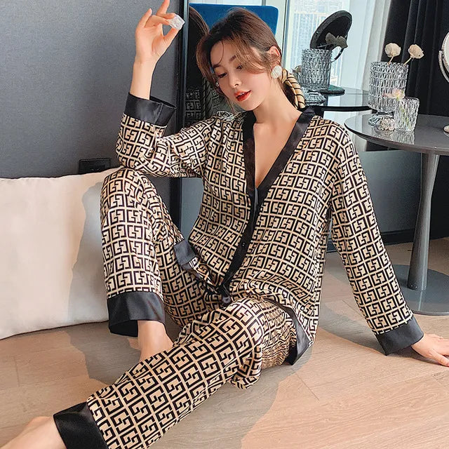 Madelaine Women's Pajamas Set V Neck Design Luxury Cross Letter Print Sleepwear Silk
