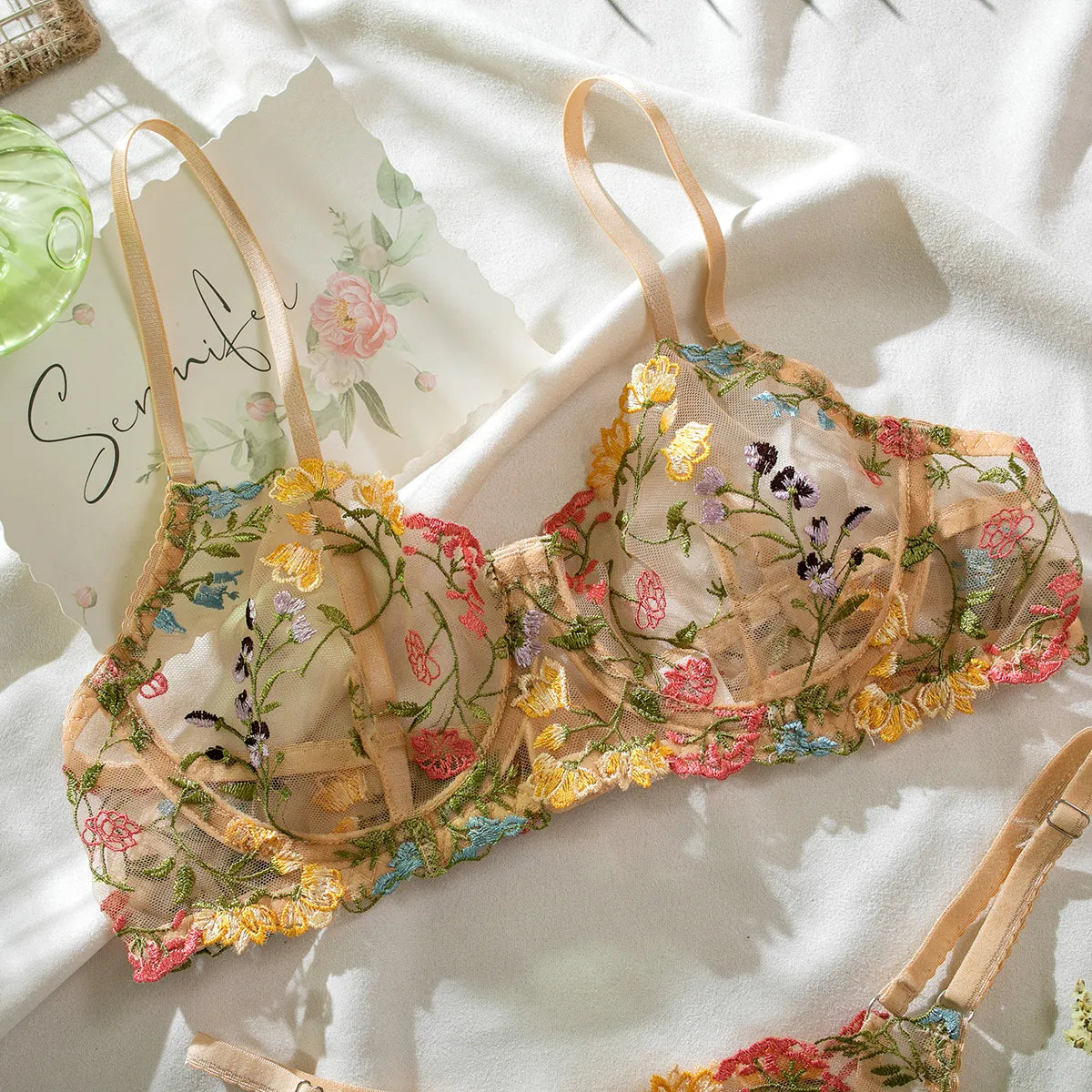 Nancy 2-Piece Lace Bra Set Women Floral Embroidery Underwear Set Transparent Panty Set