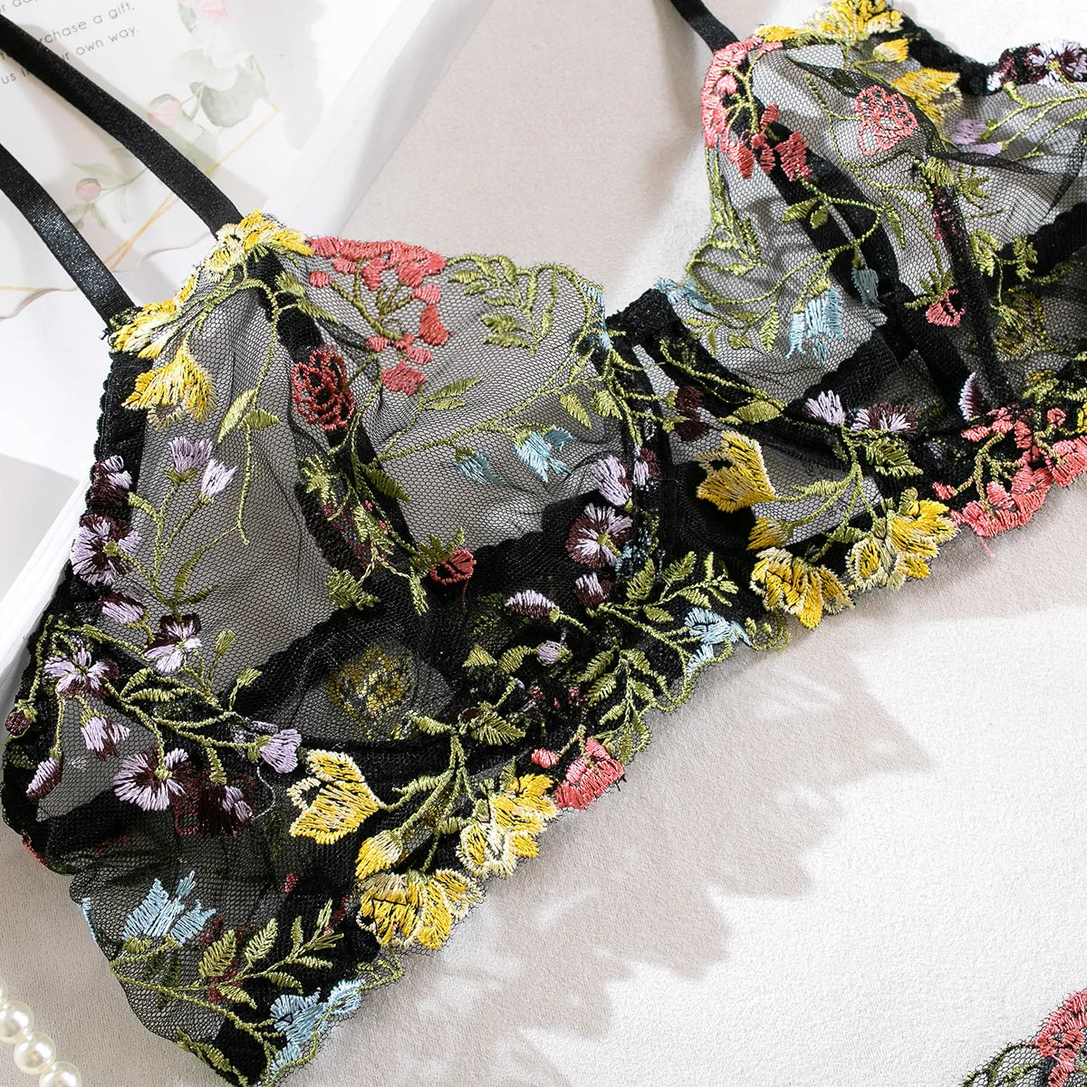 Nancy 2-Piece Lace Bra Set Women Floral Embroidery Underwear Set Transparent Panty Set