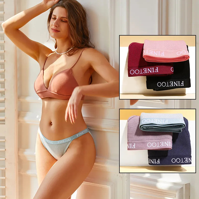 Our finetoo 3Pcs/Set Sexy Waffle Plaid Cotton Briefs Women Panties Lady Solid Low Waist Underwear Female Soft Breathable Intimates Lingerie