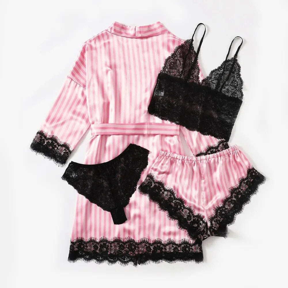 Pinky nani 4pcs Stripe Robe and Pajamas set Women Silk Satin Lace Sleepwear Summer Sexy Faux Silk Bathrobe Homewear Night Robe Set