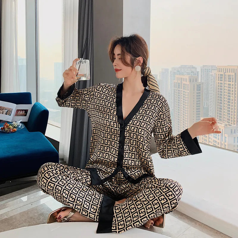 Madelaine Women's Pajamas Set V Neck Design Luxury Cross Letter Print Sleepwear Silk