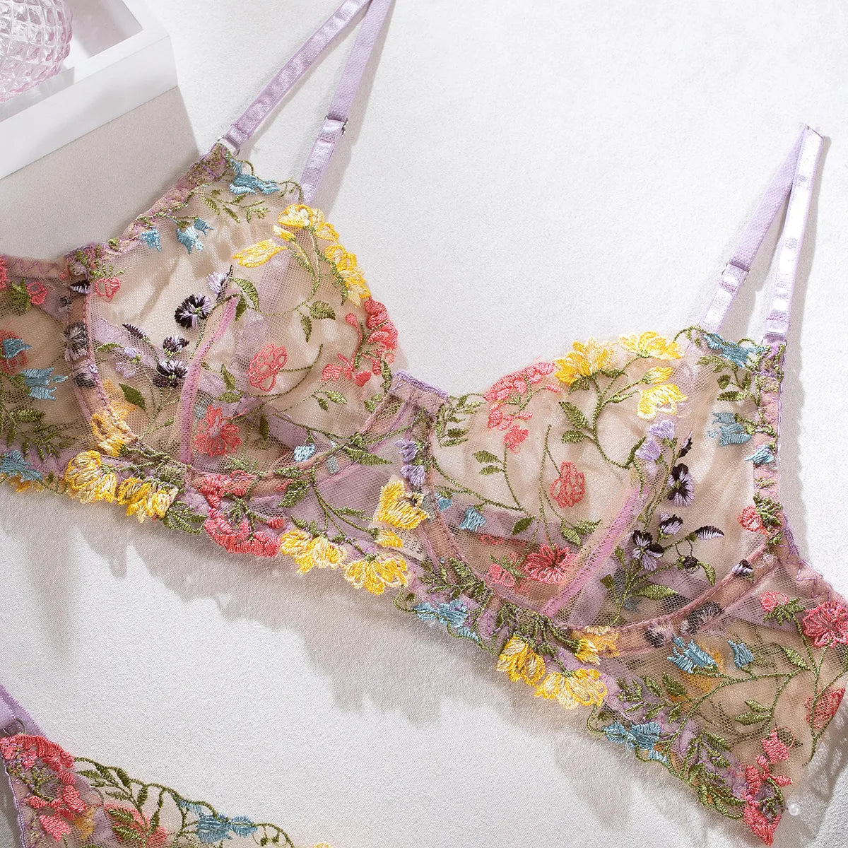 Nancy 2-Piece Lace Bra Set Women Floral Embroidery Underwear Set Transparent Panty Set