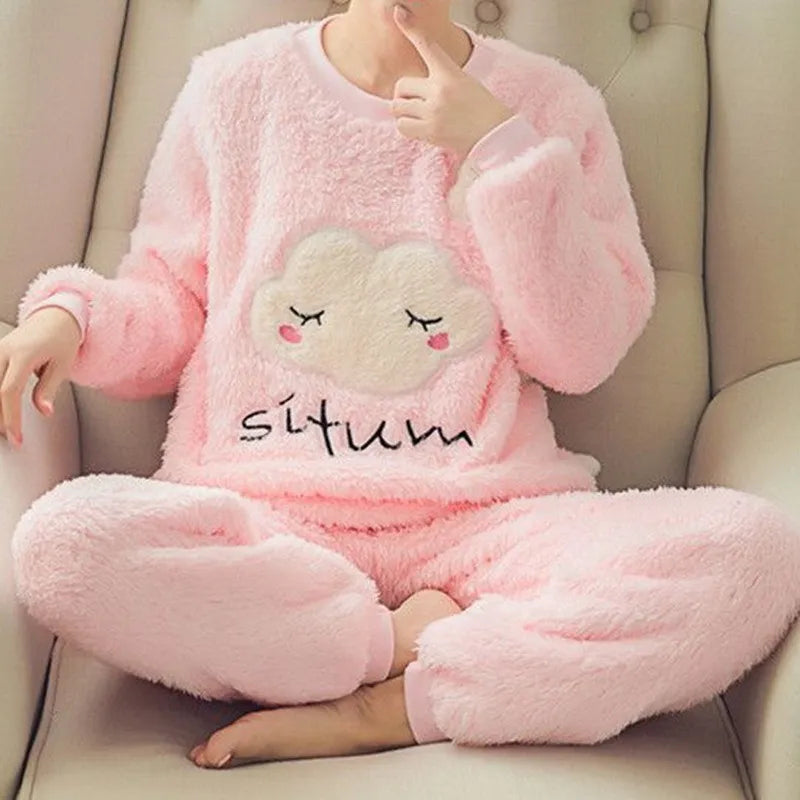 Women's cold weather pajama Warm Flannel Women Sets Thick Coral Velvet Long Sleeve Cartoon Sleepwear Thin Flannel Pajamas Set