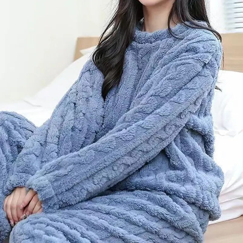 Fluffy Bear cold weather Women Solid Warm 2 Piece Sets Thicken Velvet Ribbed Fleece Set Pullover And Pants Women Casual Pajama Sets