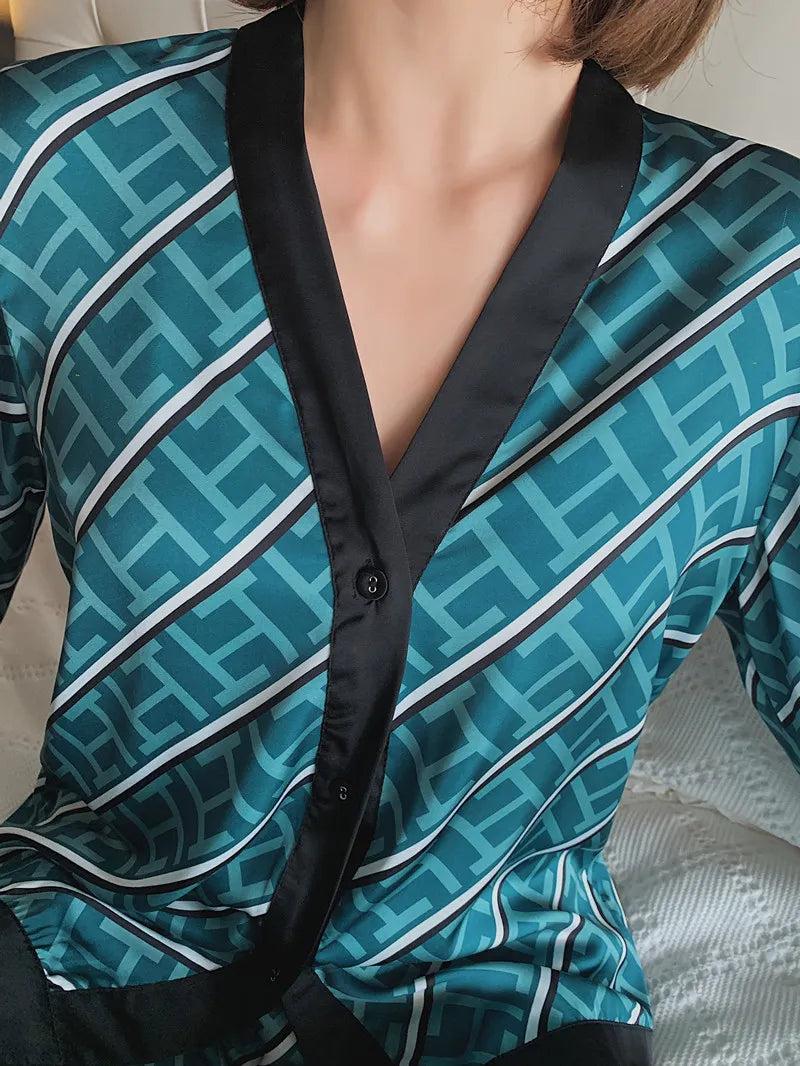 Madelaine Women's Pajamas Set V Neck Design Luxury Cross Letter Print Sleepwear Silk