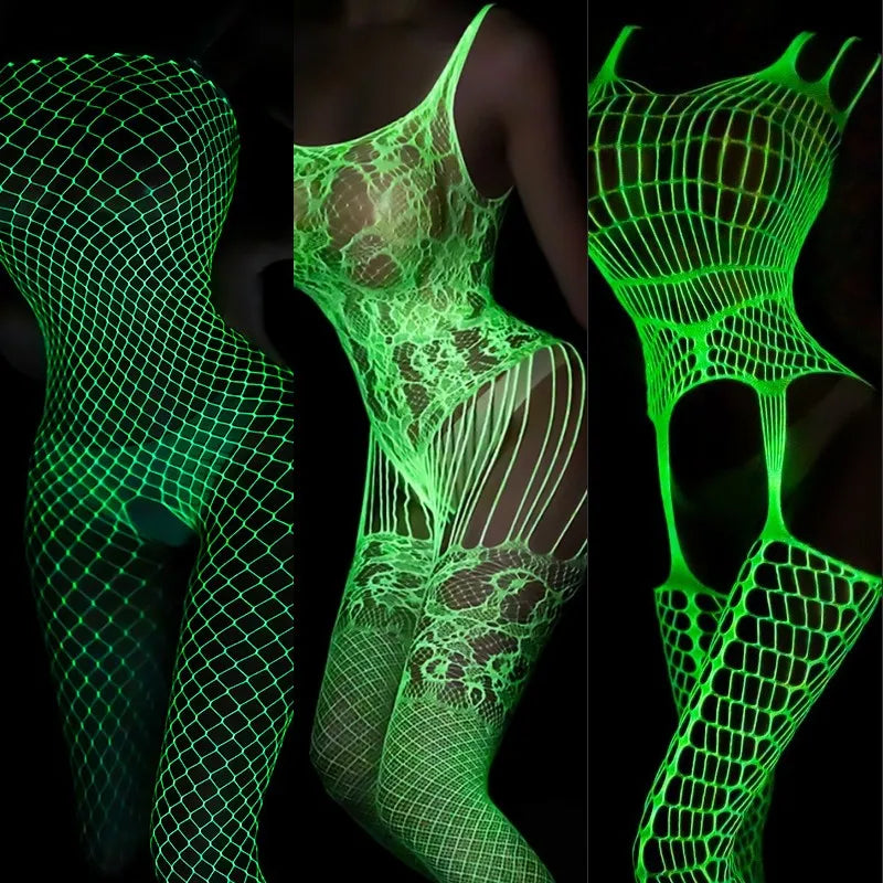 woman Glow In The Dark Open Crotch bottomless Mesh Tights teddies and bodysuits Sexy Lingerie hot night dresses Luminous Stockings