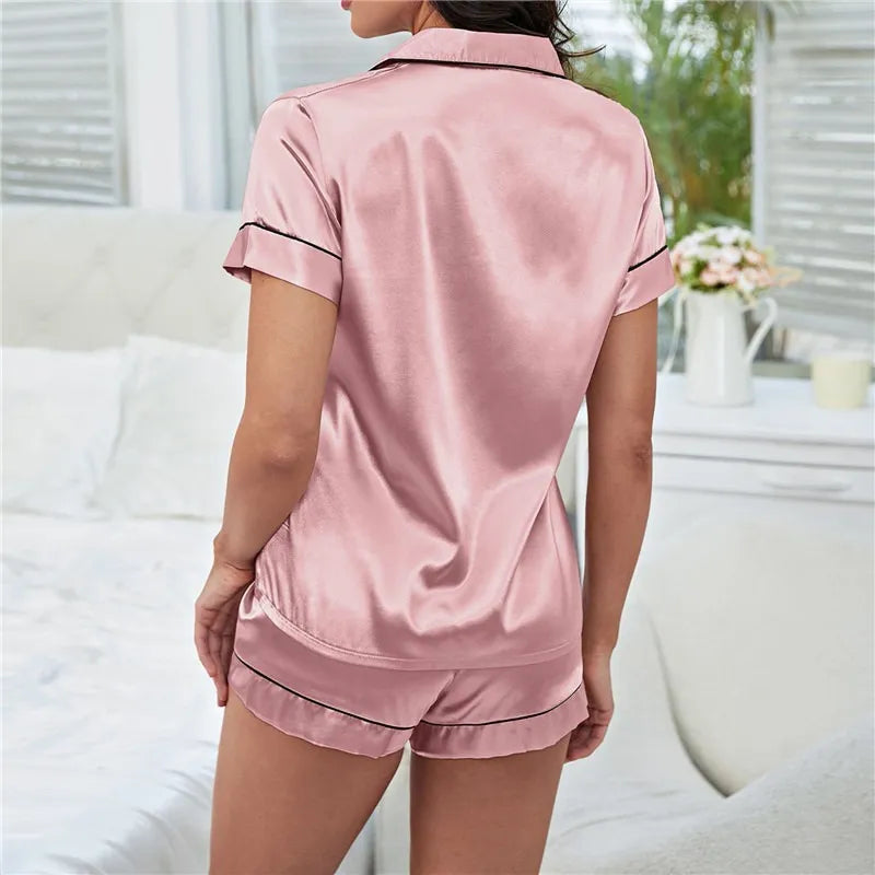 Our Womens Silk Satin Pajamas Set Short Sleeve Shorts Two-piece Pj Sets Sleepwear Loungewear Button-Down Plus Size M-2XL