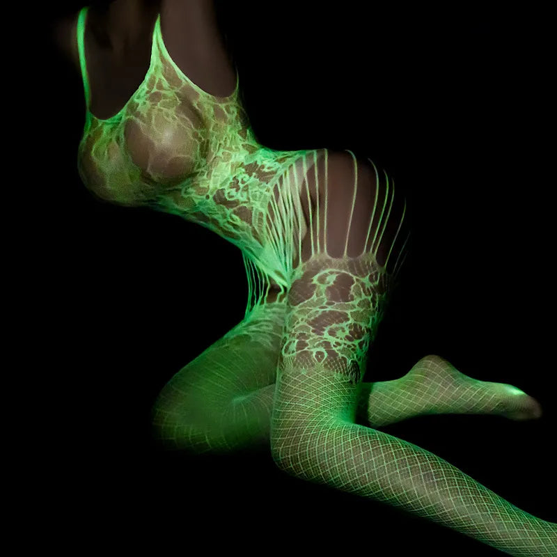 woman Glow In The Dark Open Crotch bottomless Mesh Tights teddies and bodysuits Sexy Lingerie hot night dresses Luminous Stockings
